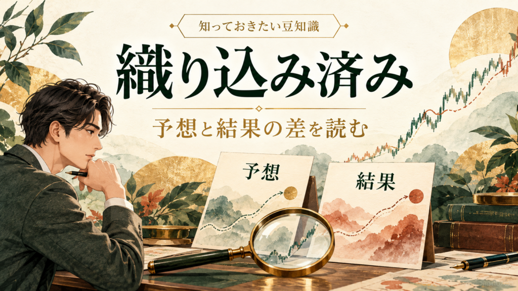 織り込み済みを理解するために、予想と結果のカードを虫眼鏡で比較するイメージ