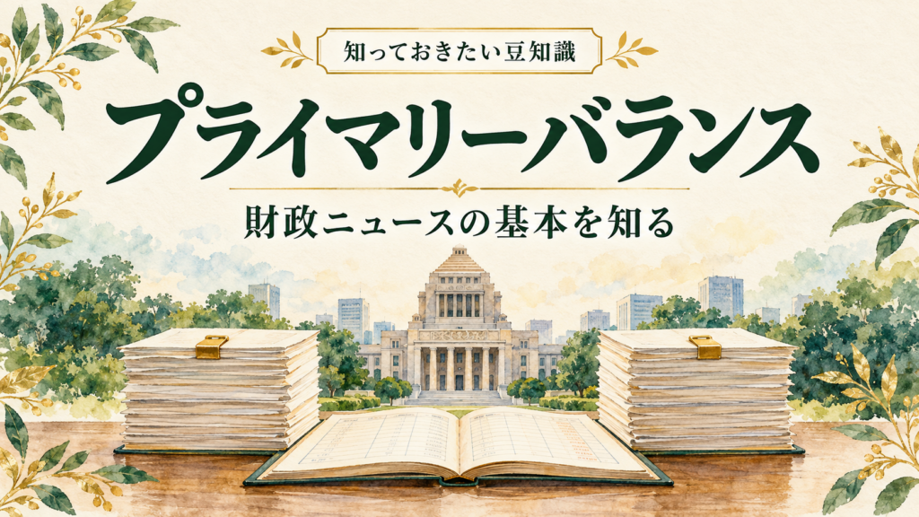 プライマリーバランスを、公共施設と歳入・政策経費を表す帳簿でイメージしたイラスト