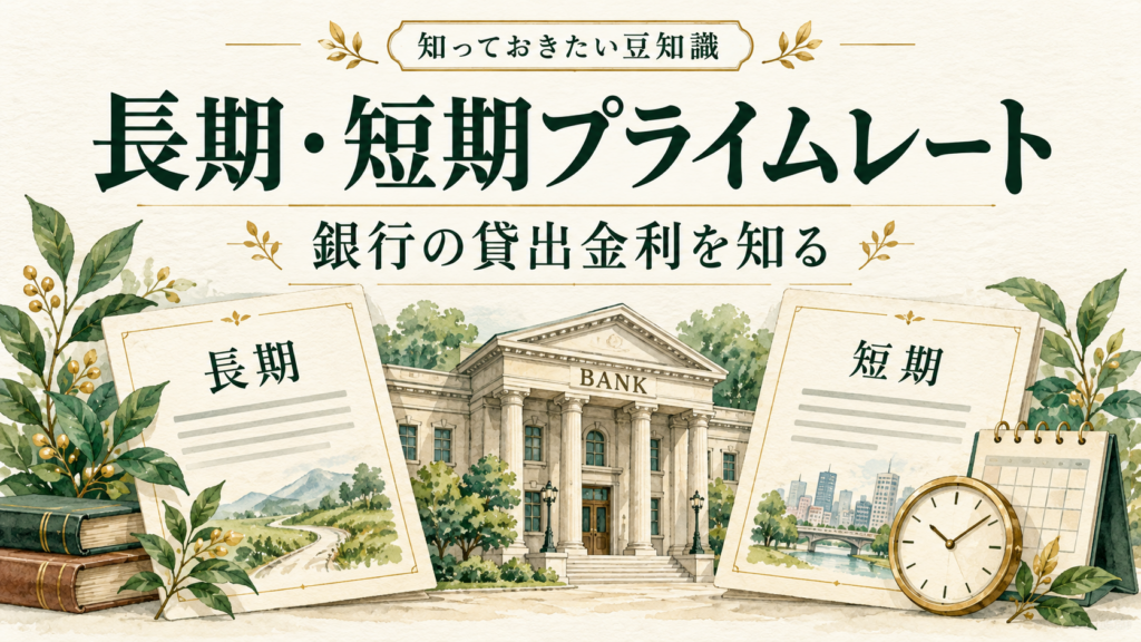長期と短期のプライムレートを、銀行の建物と2枚の書類、時計とカレンダーで表したイメージ