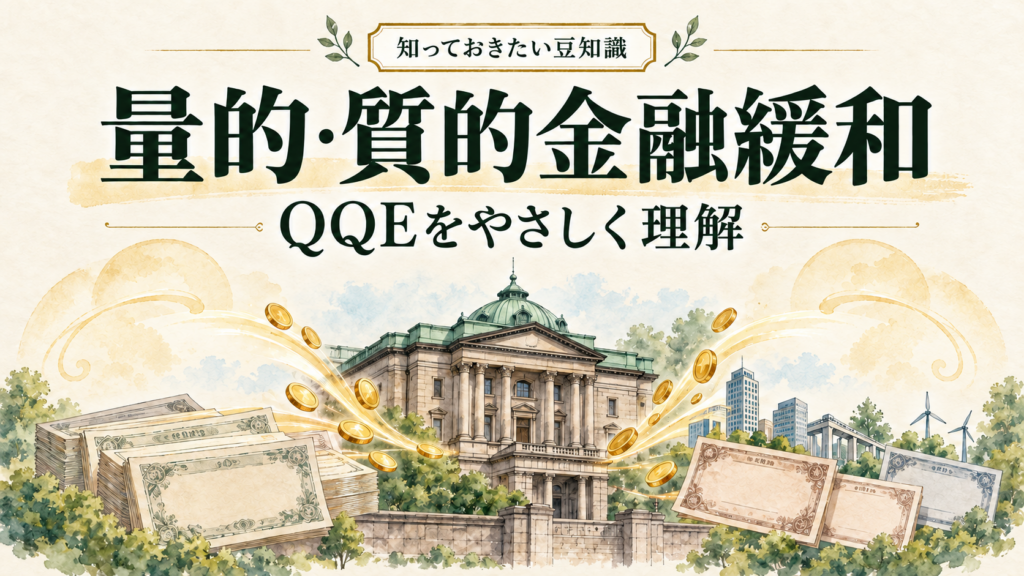QQE・量的質的金融緩和を、中央銀行の建物と資産・資金の流れで表したイメージ