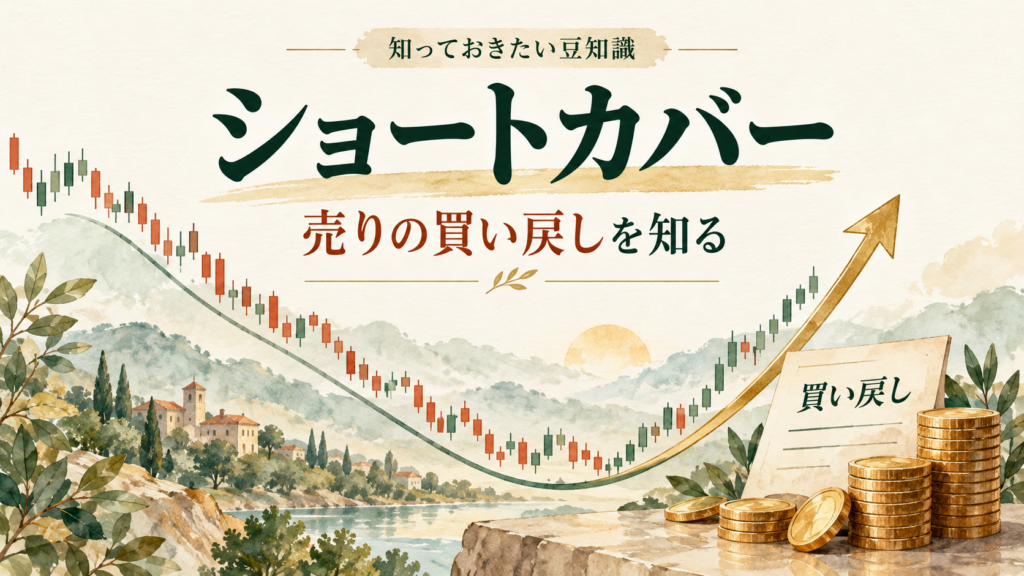 ショートカバーによる買い戻しを、下落後に上向く矢印と注文のカードで表したイメージ
