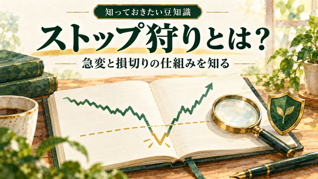 ストップ狩りと呼ばれる急変をイメージした、節目を下抜けて反発する価格線と虫眼鏡のイラスト