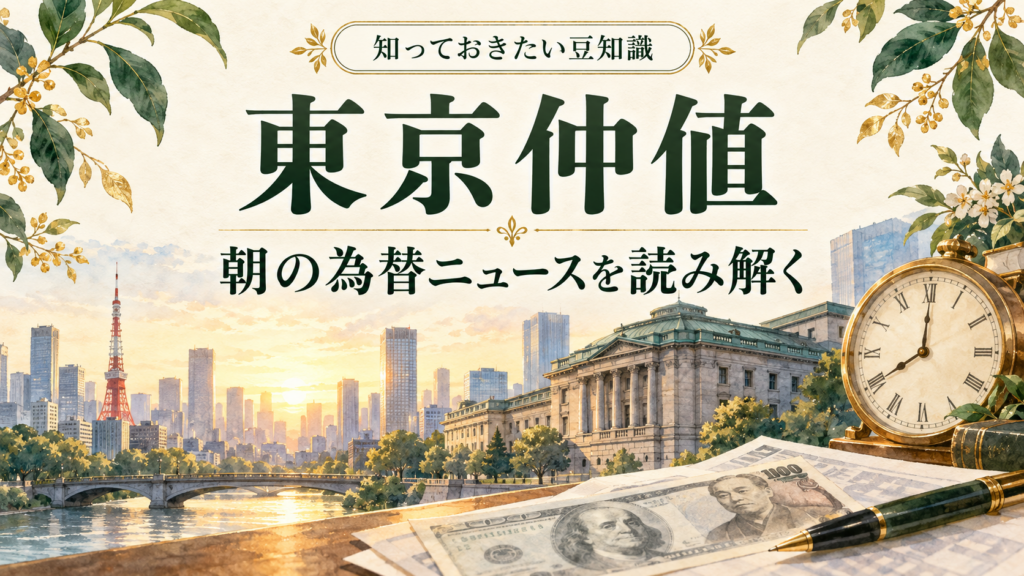 東京仲値をイメージした東京の街並み、銀行、時計と為替取引の書類
