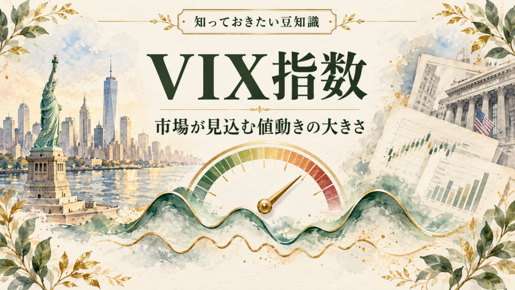 VIX指数が示す値動きの大きさを、目盛り付きの計器と振幅の異なる波で表したイメージ