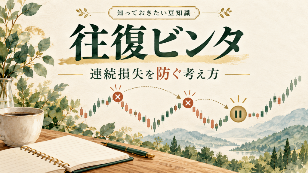 FXの往復ビンタと取引の休止を、上下するチャートと一時停止の記号で表したイメージ