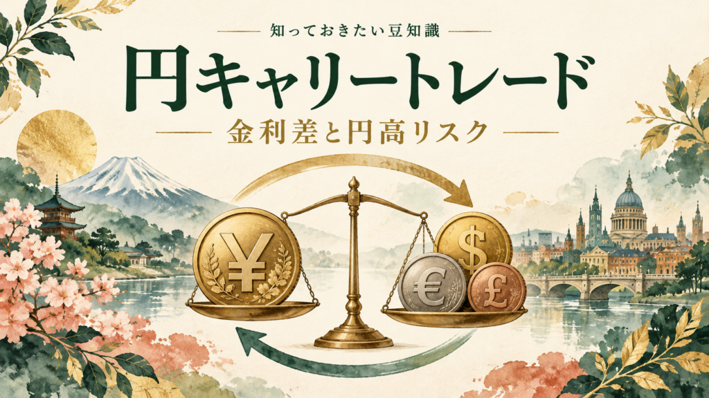 円キャリートレードの金利差と円高リスクを、円と外貨のコインと循環する矢印で表したイメージ