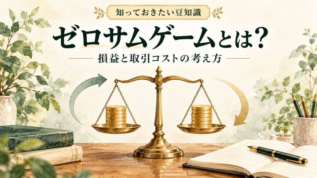 ゼロサムゲームの損益のつり合いを表す、同じ量のコインを載せた天秤のイラスト