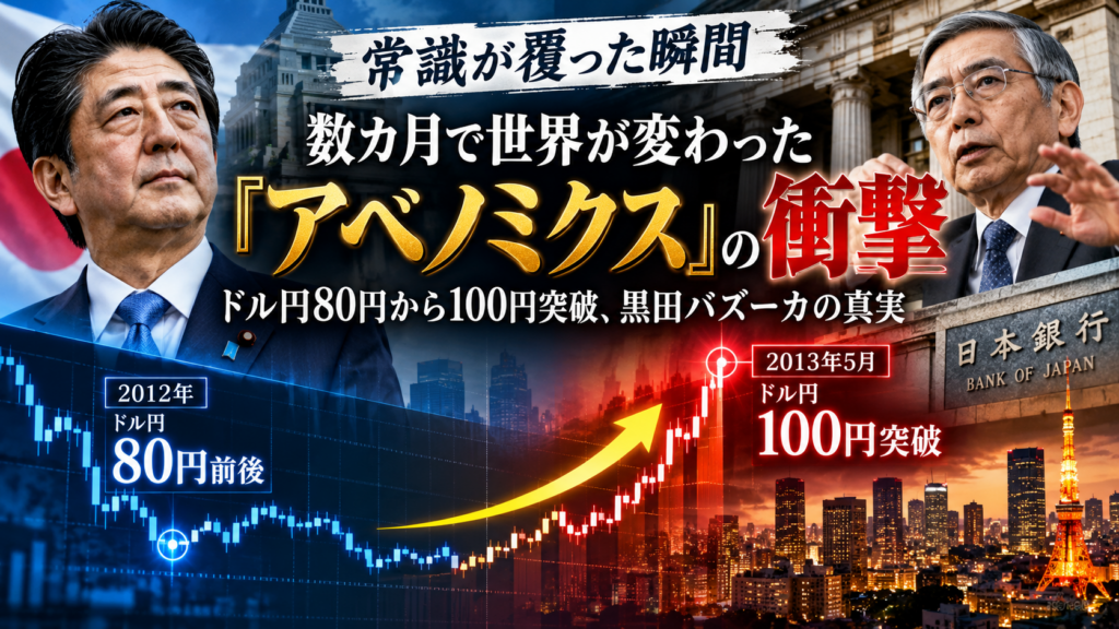 アベノミクスの衝撃｜安倍晋三元首相と黒田東彦元日銀総裁、2012年のドル円80円前後から2013年5月の100円突破までの歴史的円安を示すチャート
