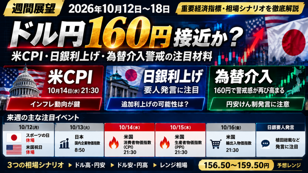 2026年10月12日〜18日のドル円週間展望をまとめた図解。米CPI・PPIの発表予定、日銀の追加利上げ観測、為替介入警戒、ドル高・円安とドル安・円高の3つの相場シナリオを紹介。