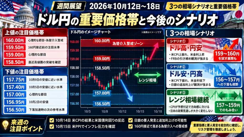 2026年10月12日〜18日のドル円週間展望。156.50円〜160円の重要価格帯、米CPIによるドル高・円安とドル安・円高のシナリオ、為替介入警戒、経済指標発表時のリスク管理を解説した図解。