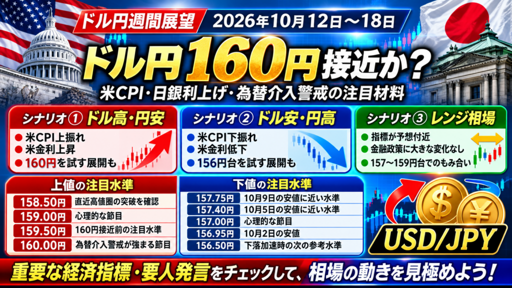 2026年10月12日〜18日のドル円週間展望。米CPI上振れによるドル高・円安、CPI下振れによるドル安・円高、レンジ相場継続の3つのシナリオと、156.50円〜160円の重要価格帯を比較した図解。