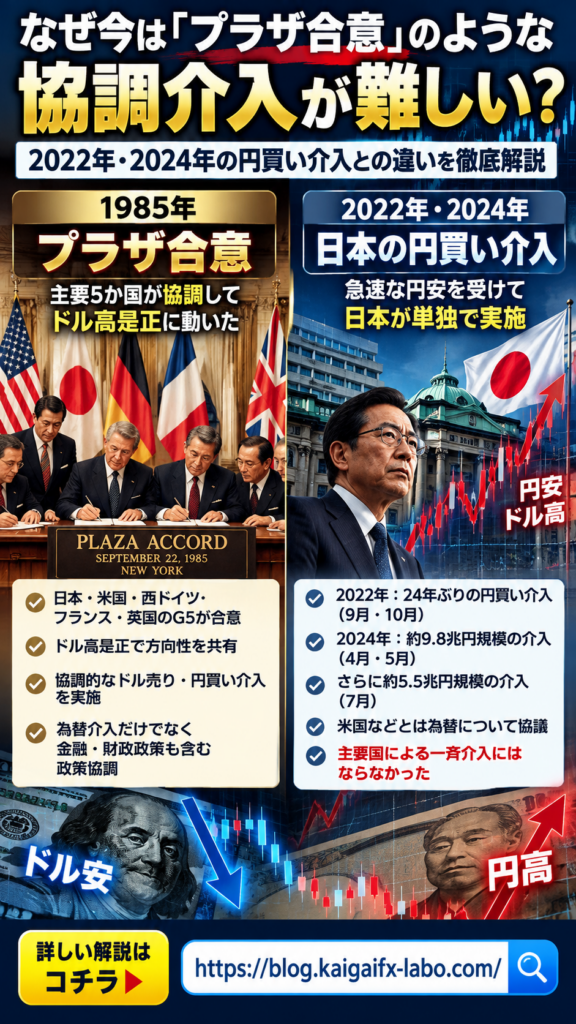 プラザ合意と2022年・2024年の円買い介入の違い｜1985年の協調介入と日本の単独介入を比較
