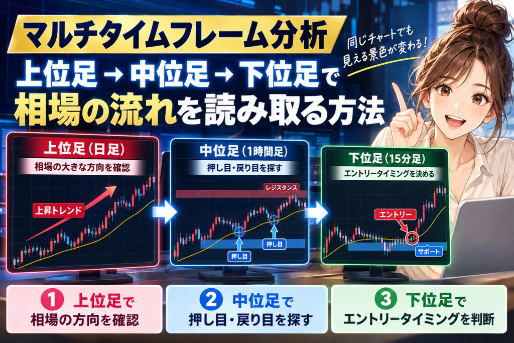 FXのマルチタイムフレーム分析を解説するアイキャッチ画像。上位足で相場の方向、中位足で押し目・戻り目、下位足でエントリータイミングを判断する流れを図解