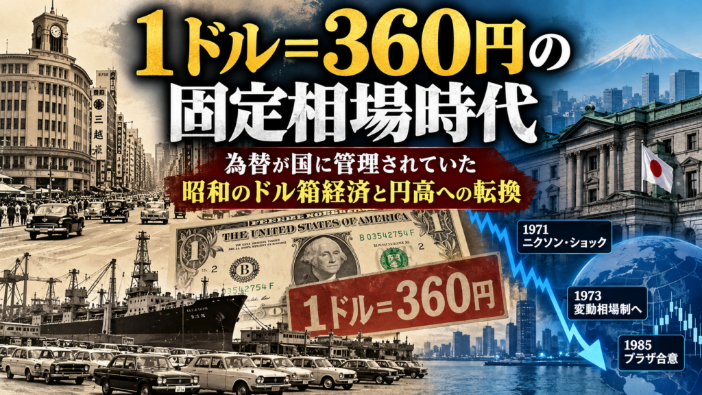 1ドル360円の固定相場時代を解説するイメージ画像。昭和の日本の街並みや輸出産業、米ドル紙幣を背景に、1971年のニクソン・ショック、1973年の変動相場制移行、1985年のプラザ合意による円高への歴史的転換を表現。