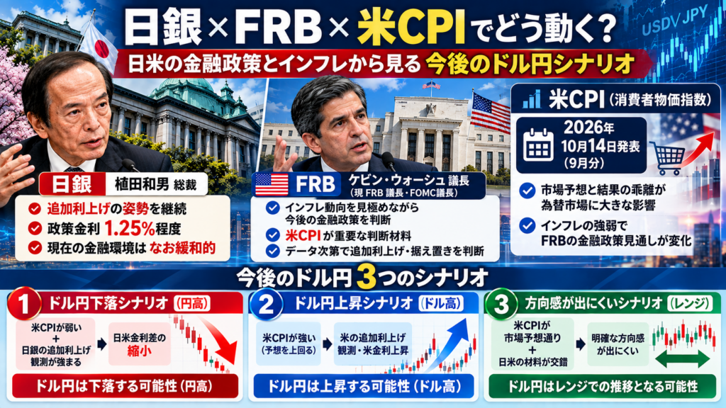 植田日銀総裁とケビン・ウォーシュFRB議長の金融政策を比較|米CPIで変わる今後のドル円3シナリオ