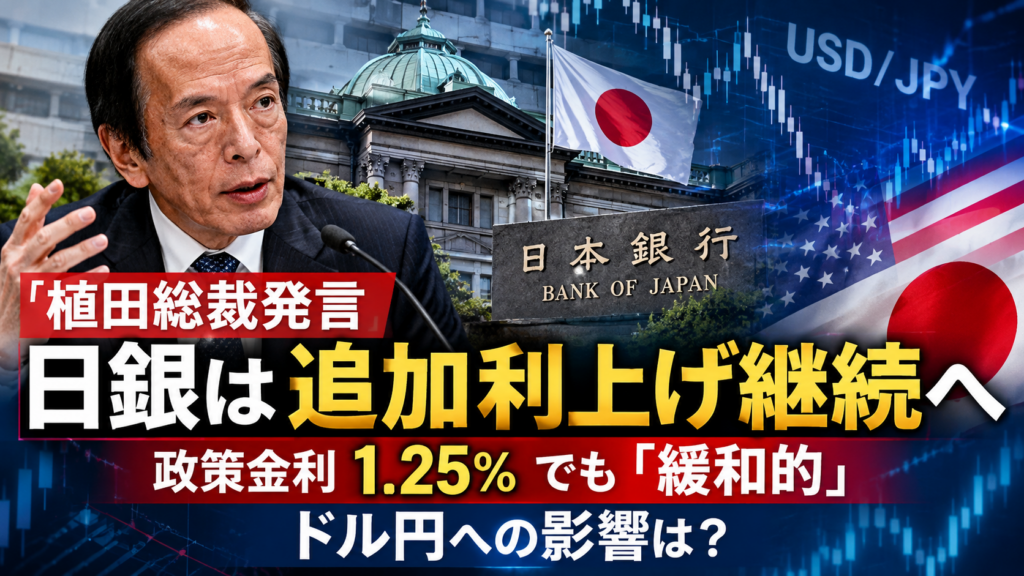 植田日銀総裁が追加利上げ継続方針を示す|政策金利1.25%でも緩和的とする金融政策とドル円への影響