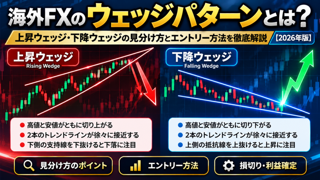 海外FXのウェッジパターンを解説するアイキャッチ画像。上昇ウェッジと下降ウェッジの違い、トレンドラインの収束、ブレイク方向、エントリー方法、損切り・利益確定を紹介