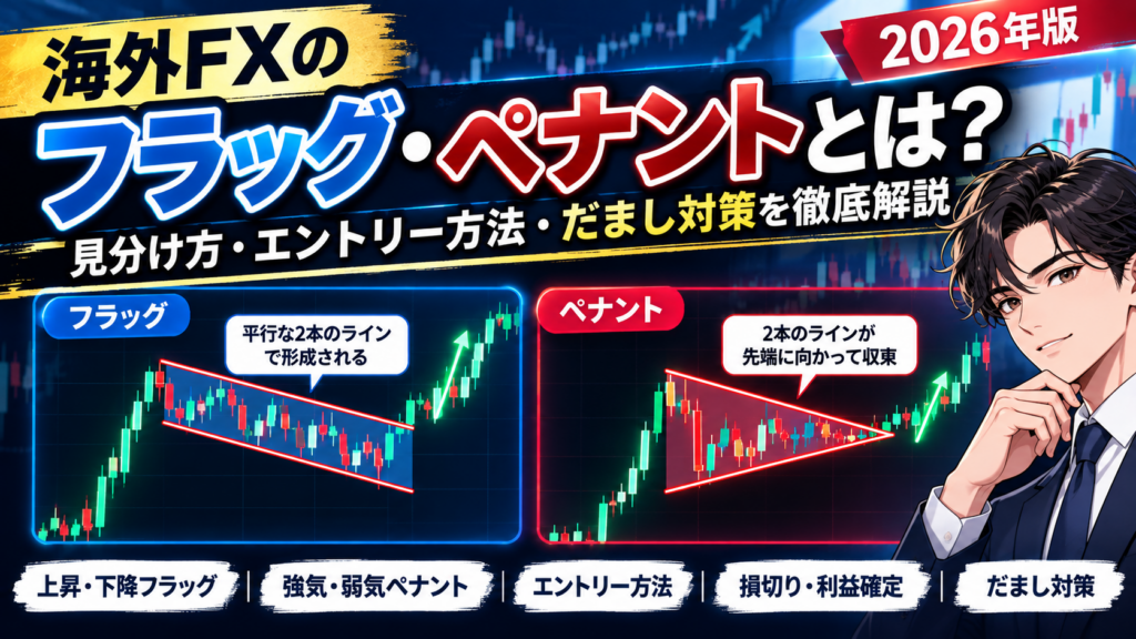 海外FXのフラッグ・ペナントを解説するアイキャッチ画像。上昇・下降フラッグと強気・弱気ペナントの見分け方、エントリー方法、損切り、だまし対策を紹介