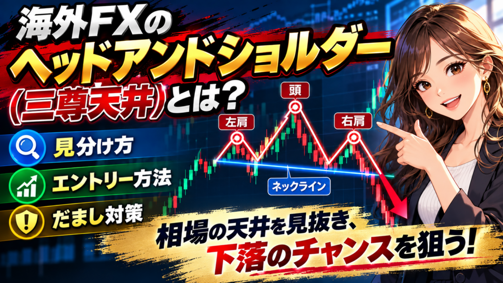 海外FXのヘッドアンドショルダー（三尊天井）を解説するアイキャッチ画像。左肩・頭・右肩・ネックラインのチャート図と、見分け方・エントリー方法・だまし対策を紹介
