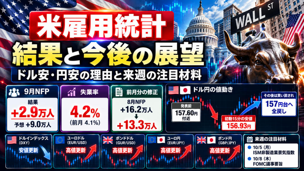 2026年9月米雇用統計の結果とドル円の値動き、ドル安・円安の背景、来週のISM非製造業とFOMC議事要旨を解説する週間展望